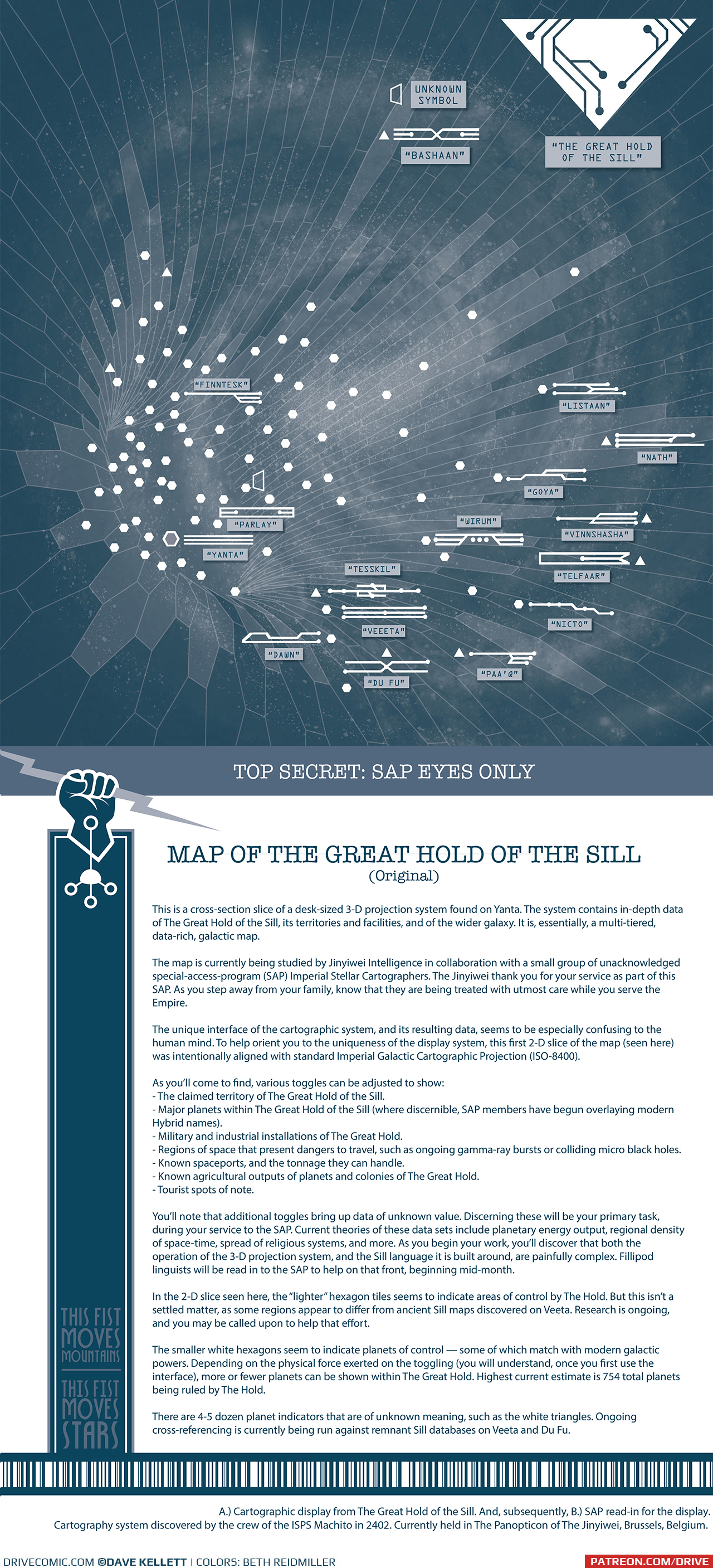 MAP OF THE GREAT HOLD OF THE SILL
(Original)

This is a cross-section slice of a desk-sized 3-D projection system found on Yanta. The system contains in-depth data of The Great Hold of the Sill, its territories and facilities, and of the wider galaxy. It is, essentially, a multi-tiered, data-rich, galactic map.

The map is currently being studied by Jinyiwei Intelligence in collaboration with a small group of unacknowledged special-access-program (SAP) Imperial Stellar Cartographers. The Jinyiwei thank you for your service as part of this SAP. As you step away from your family, know that they are being treated with utmost care while you serve the Empire.

The unique interface of the cartographic system, and its resulting data, seems to be especially confusing to the human mind. To help orient you to the uniqueness of the display system, this first 2-D slice of the map (seen here) was intentionally aligned with standard Imperial Galactic Cartographic Projection (ISO-8400).

As youâ€™ll come to find, various toggles can be adjusted to show:
- The claimed territory of The Great Hold of the Sill.
- Major planets within The Great Hold of the Sill (where discernible, SAP members have begun overlaying modern Hybrid names).
- Military and industrial installations of The Great Hold.
- Regions of space that present dangers to travel, such as ongoing gamma-ray bursts or colliding micro black holes.
- Known spaceports, and the tonnage they can handle.
- Known agricultural outputs of planets and colonies of The Great Hold.
- Tourist spots of note.

Youâ€™ll note that additional toggles bring up data of unknown value. Discerning these will be your primary task, during your service to the SAP. Current theories of these data sets include planetary energy output, regional density of space-time, spread of religious systems, and more. As you begin your work, youâ€™ll discover that both the operation of the 3-D projection system, and the Sill language it is built around, are painfully complex. Fillipod linguists will be read in to the SAP to help on that front, beginning mid-month.

In the 2-D slice seen here, the â€œlighterâ€ hexagon tiles seems to indicate areas of control by The Hold. But this isnâ€™t a settled matter, as some regions appear to differ from ancient Sill maps discovered on Veeta. Research is ongoing, and you may be called upon to help that effort.

The smaller white hexagons seem to indicate planets of control â€” some of which match with modern galactic powers. Depending on the physical force exerted on the toggling (you will understand, once you first use the
interface), more or fewer planets can be shown within The Great Hold. Highest current estimate is 754 total planets being ruled by The Hold.

There are 4-5 dozen planet indicators that are of unknown meaning, such as the white triangles. Ongoing cross-referencing is currently being run against remnant Sill databases on Veeta and Du Fu. 

A.) Cartographic display from The Great Hold of the Sill. And, subsequently, B.) SAP read-in for the display.
Cartography system discovered by the crew of the ISPS Machito in 2402. Currently held in The Panopticon of The Jinyiwei, Brussels, Belgium. 